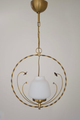 Swedish Modern Round Brass and Glass Pendant