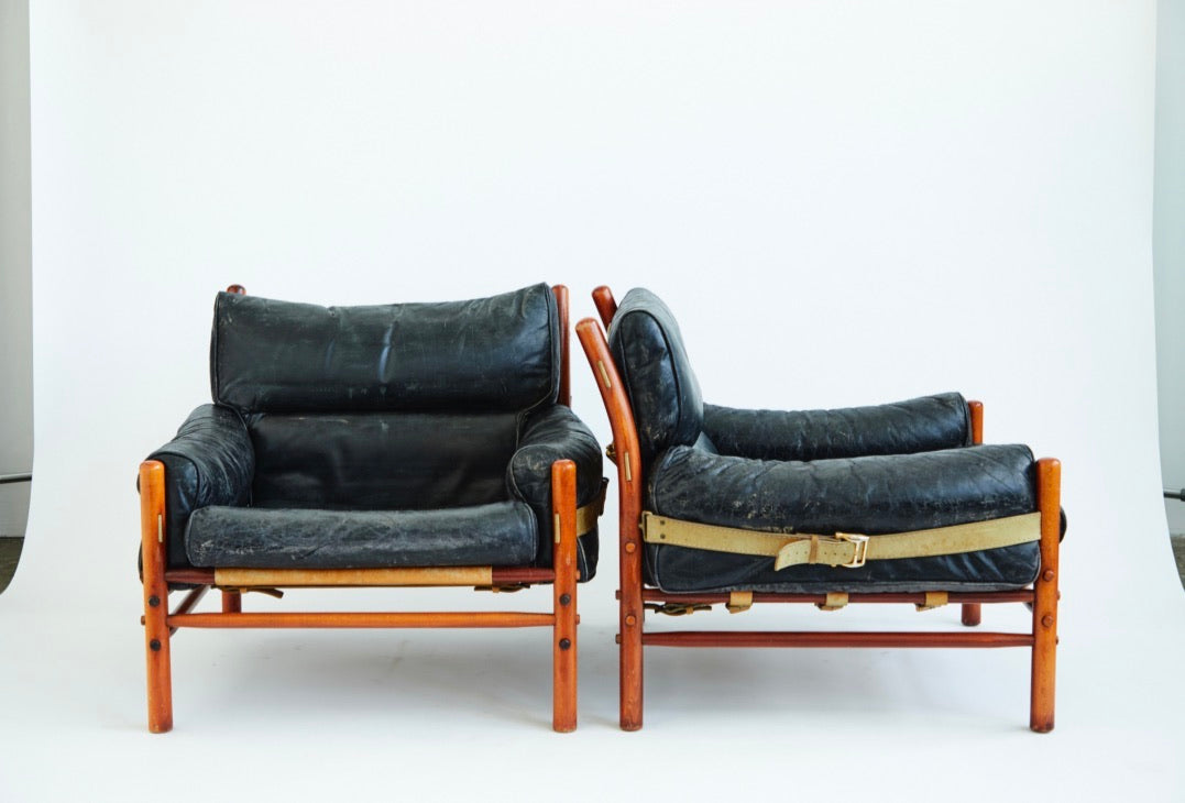 1960's Black leather Kontiki Lounge Chairs by Arne Norell, Sweden